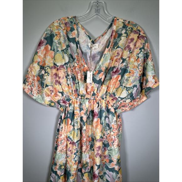 World Market Mira Watercolor Floral Maxi Dress‎ S/M Teal & Orange Kaftan Boho - Picture 7 of 7